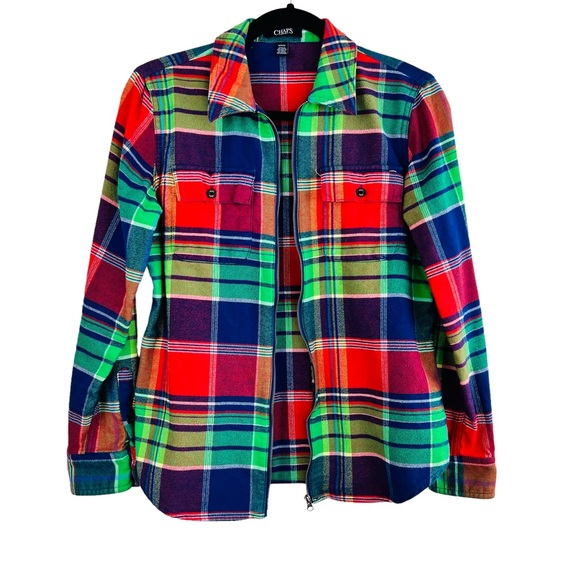 Chaps Denim Plaid Flannel Colorful Zip Up shirt Women Size S - Picture 2 of 14